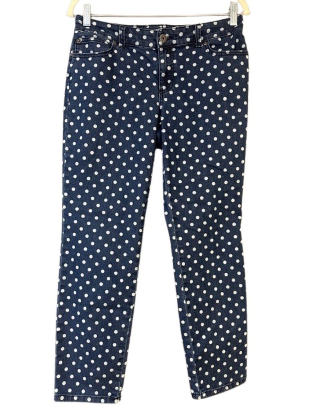 Chico’s Navy Polka Dot Jeggings | Stretch Denim Pull-On Pants | Classic Chic